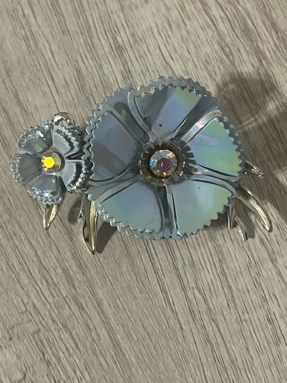Vintage 1960s Silver-Tone Iridescent Floral Brooch rare find